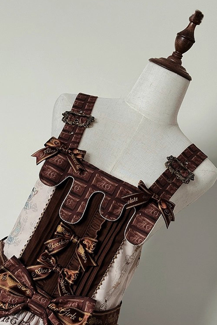 Brown Teddy Bear Chocolate Sleeveless Print Ruffle Side Cardigan Bowknot Asymmetric Sweet Lolita Strap Dress