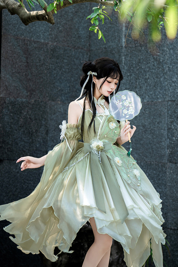 Green Halterneck Sleeveless Bowknot Lace Irregular Sweet Chinese Style Lolita Jsk Dress