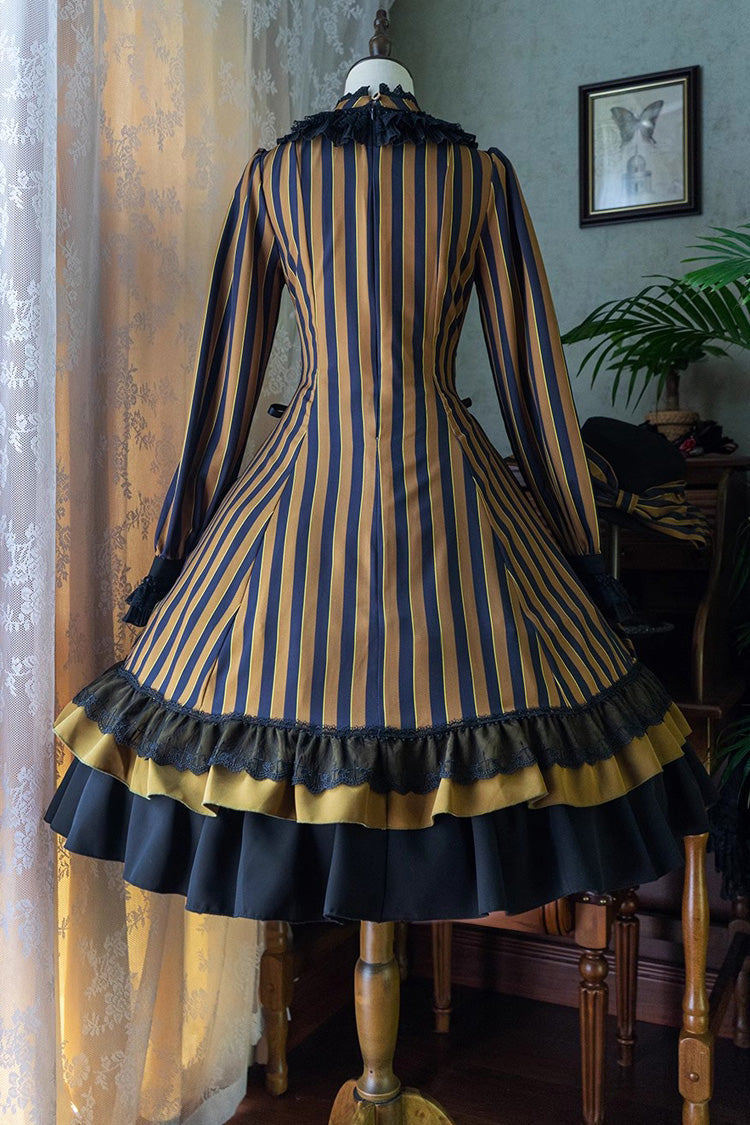 Point Manor Stand Collar Long Sleeves Multi-layer Striped Print Ruffle Gothic Lolita Dress 4 Colors