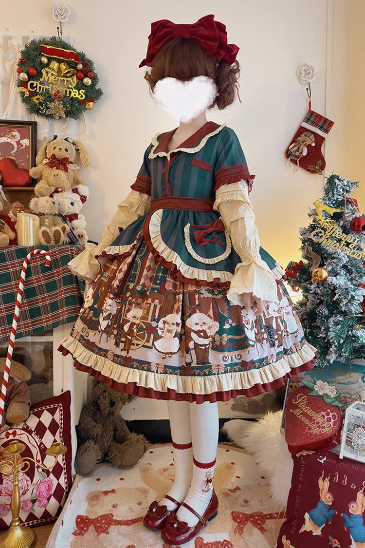 Puppy Cafe Print Ruffle Bowknot Sweet Lolita Dress 3 Colors
