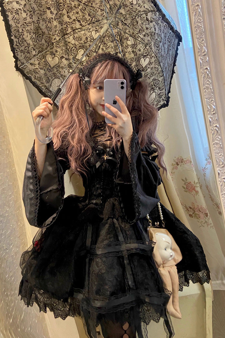 Black Rose Cage Ruffle Bowknot Lace Mesh Gothic Elegant Lolita Jsk Dress
