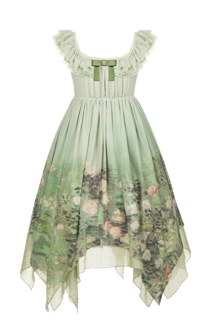 Green Blooming Roses Print Oil Painting Chiffon Ruffle Bowknot Irregular Sweet Lolita Jsk Dress