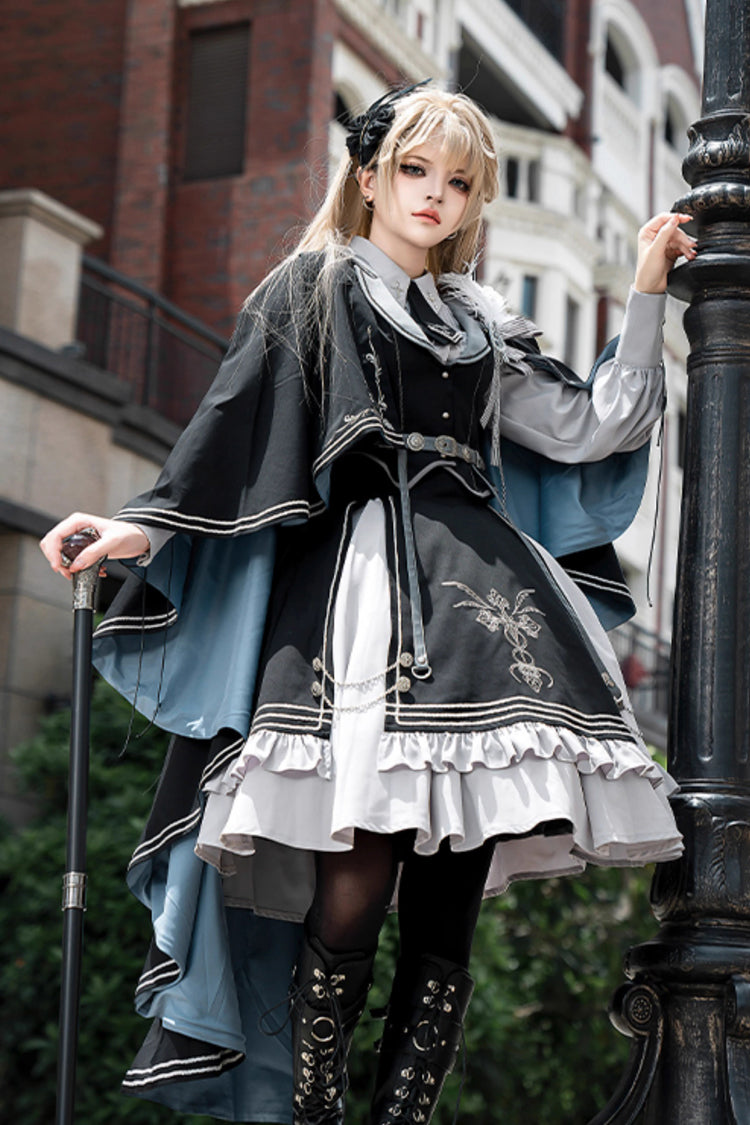 Black/Blue Dark Knight Contract Print Ruffle Gothic Military Elegant Lolita Skirt