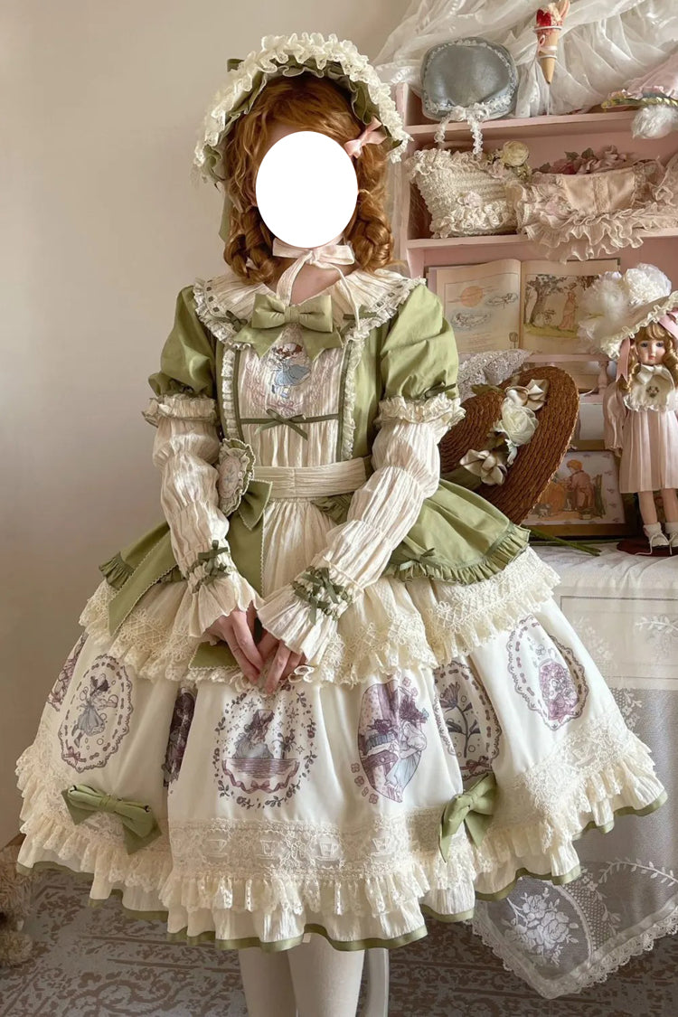 Green Little Ida's Flowers Short Sleeves Print Ruffle Bowknot Sweet Lolita Dress
