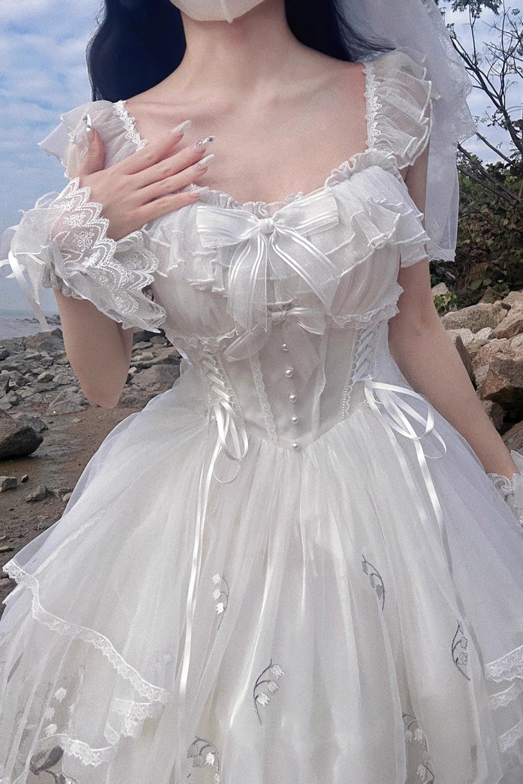 White Love Is Coming Multi-layer Ruffle Embroidery Bowknot Sweet Princess Lolita Jsk Dress
