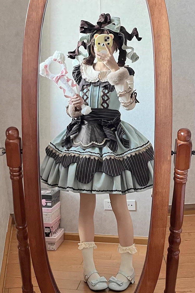 Strawberry and Mint Chocolate Double-Layered Printed Bow Lace-Up Irregular Sweet Lolita Dress 2 Colors