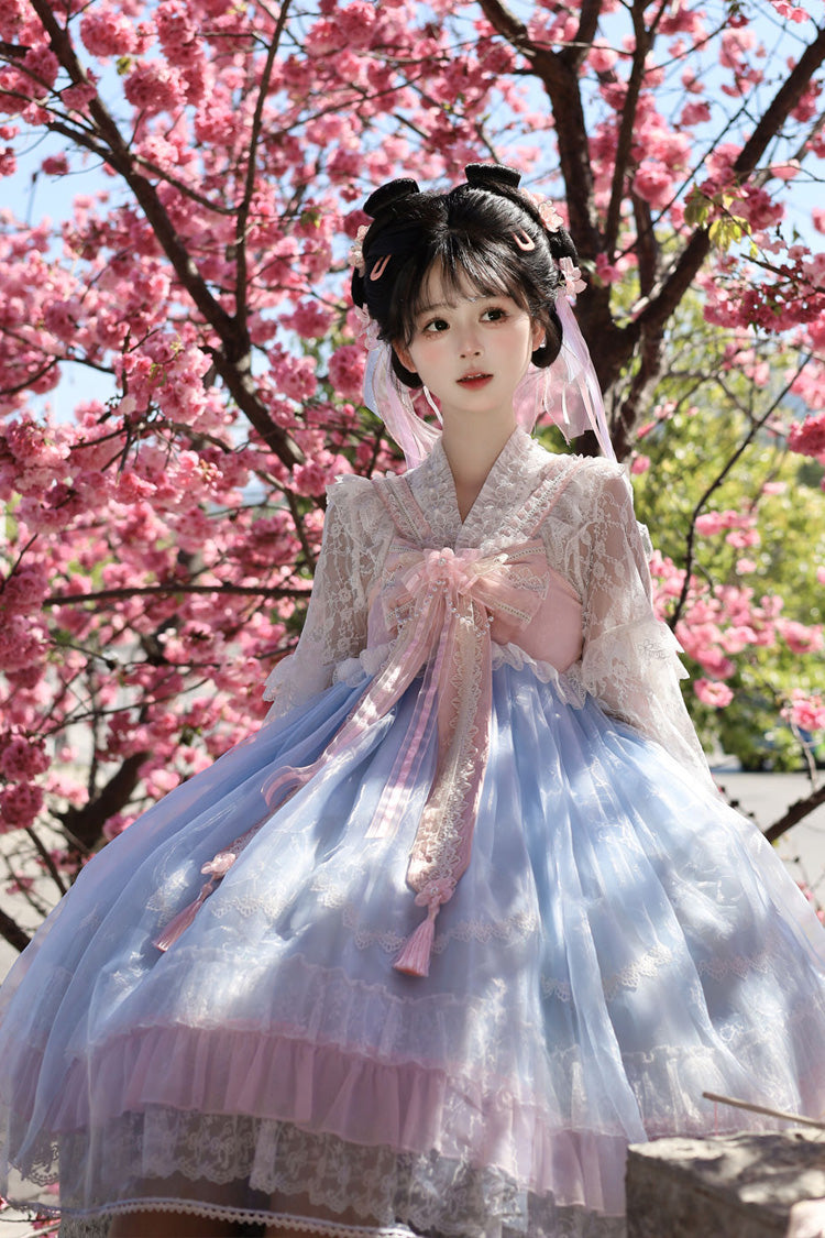 Peach Blossoms in Spring Fields Sleeveless Ruffle Bowknot Lace Sweet Chinese Style Lolita Jsk Dress 3 Colors