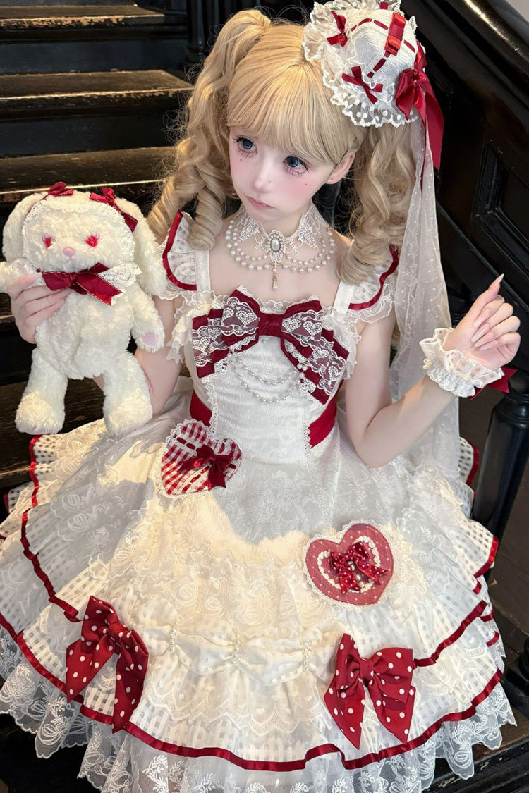 White Polka-Dot Love Letter Sleeveless Double-Layered Bowknot Lace Pearl Sweet Lolita Jsk Dress