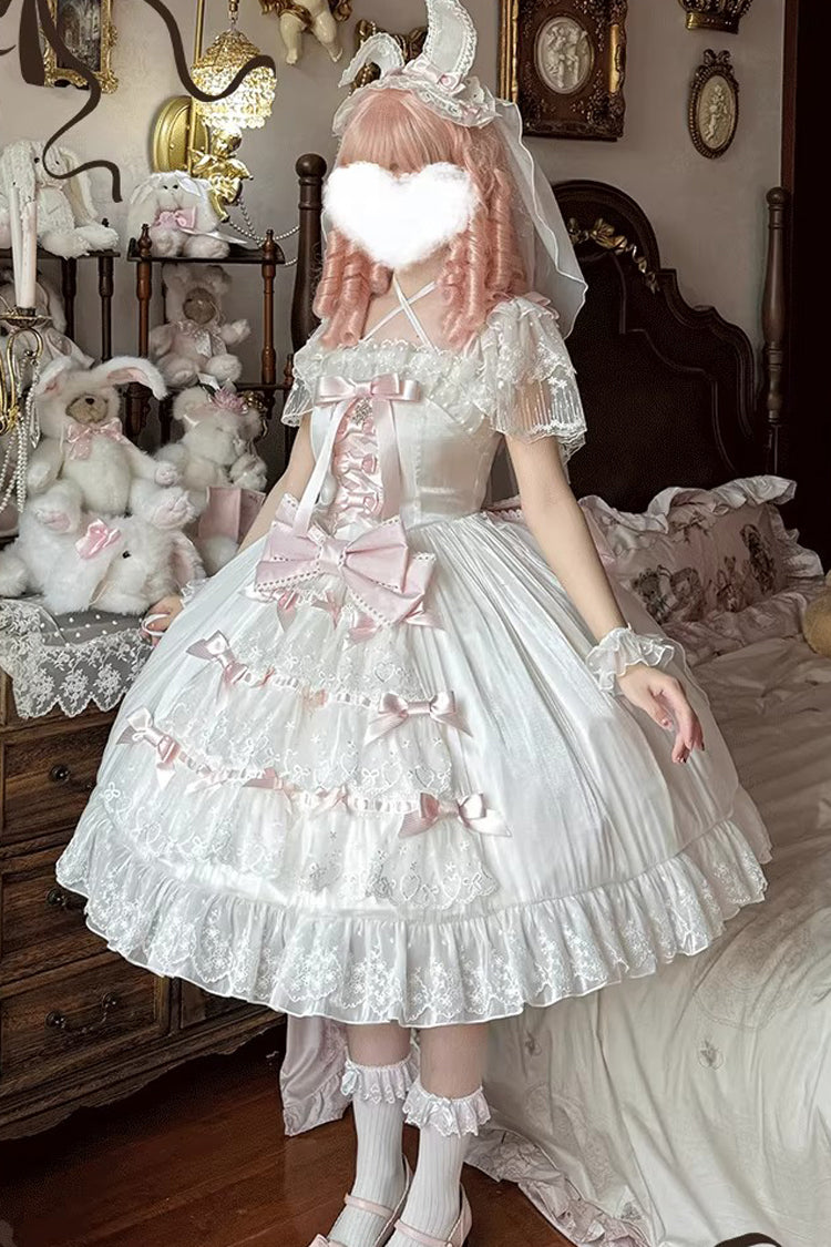 White/Pink Snow of Love Ruffled Hanayome Open-Front Bow Lace Sweet Princess Lolita Dress