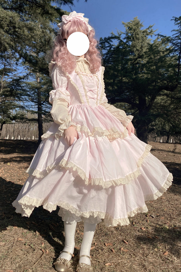 Pink Lapel Collar Long Sleeves High Waisted Multi-layer Bowknot Sweet Lolita Dress
