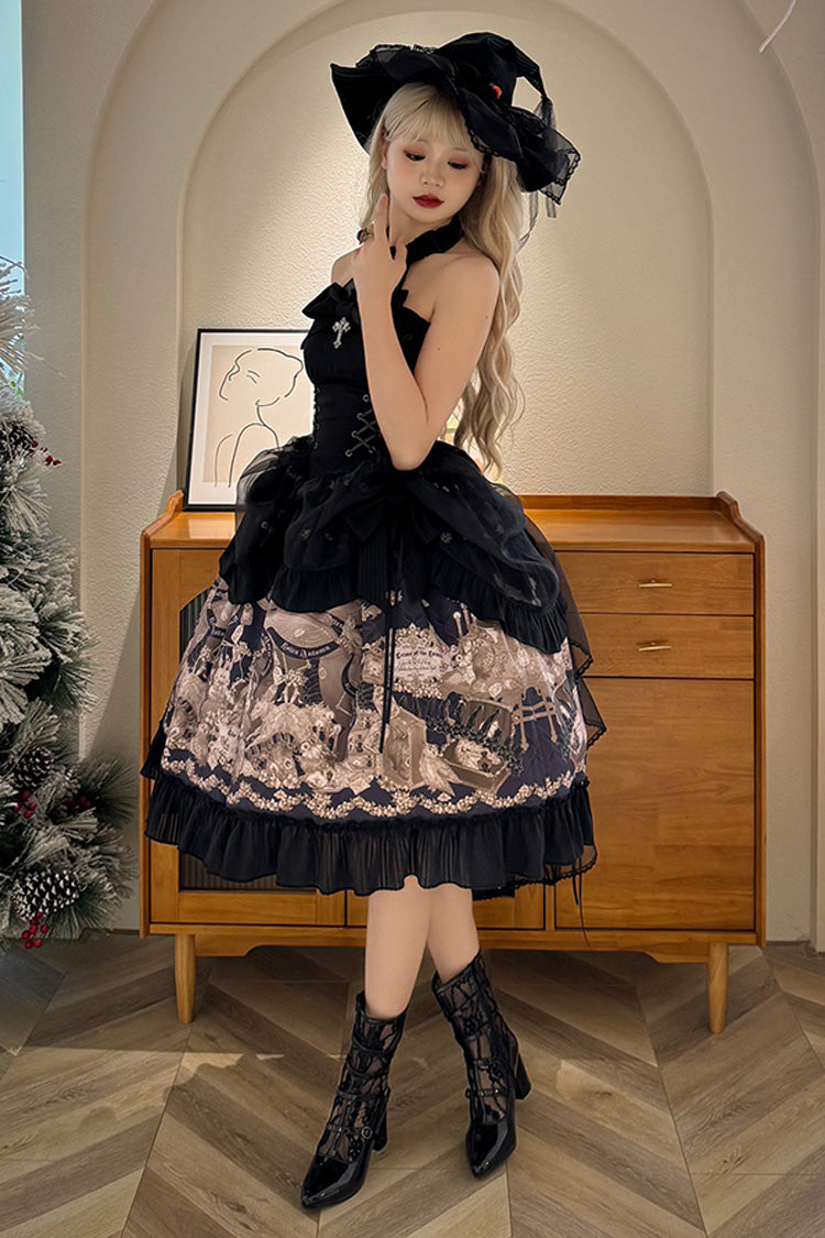 Black The Mystery of The Doll Halterneck Print Ruffle Bowknot Drawstring Gothic Lolita Dress