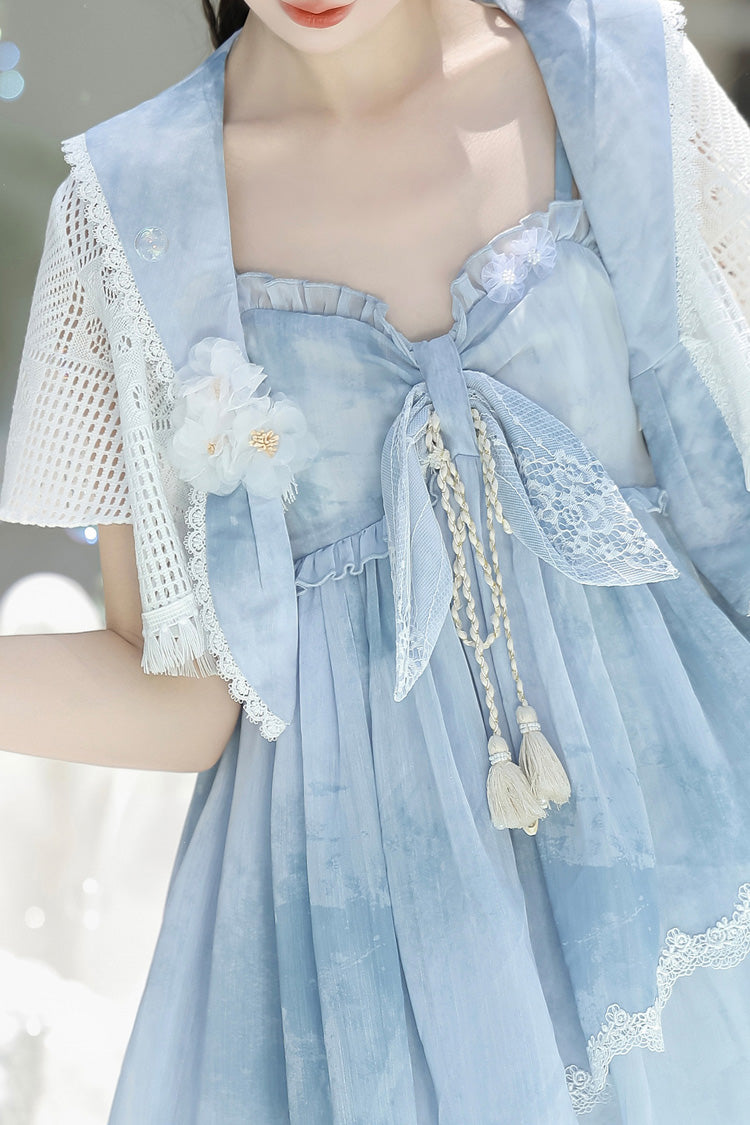 Blue Clouds Resting in the Wilderness Print Ruffle Embroidery Bowknot Lace Irregular Lolita Jsk Dress