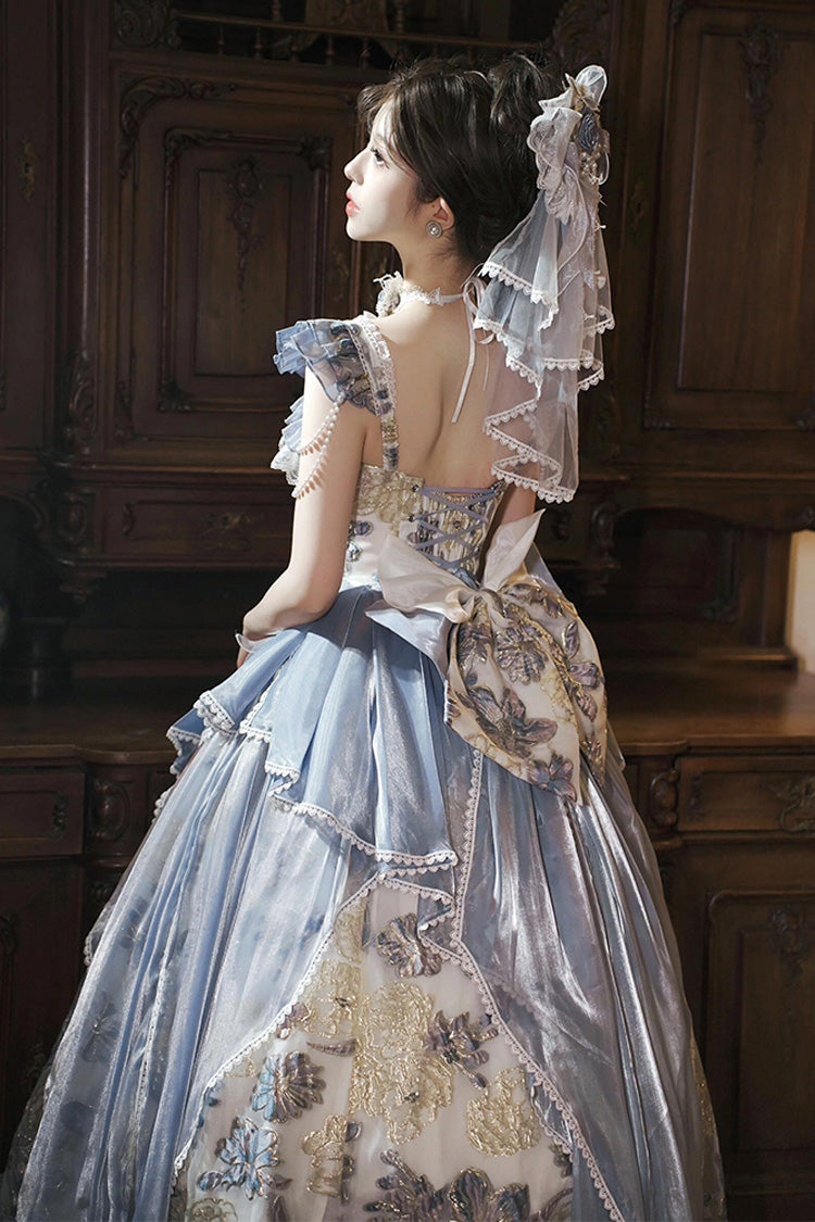 Blue Jacaranda Off Shoulder Short Sleeves Printed Ruffled Embroidered Bow Lace-Up Sweet Elegant Princess Lolita Dress