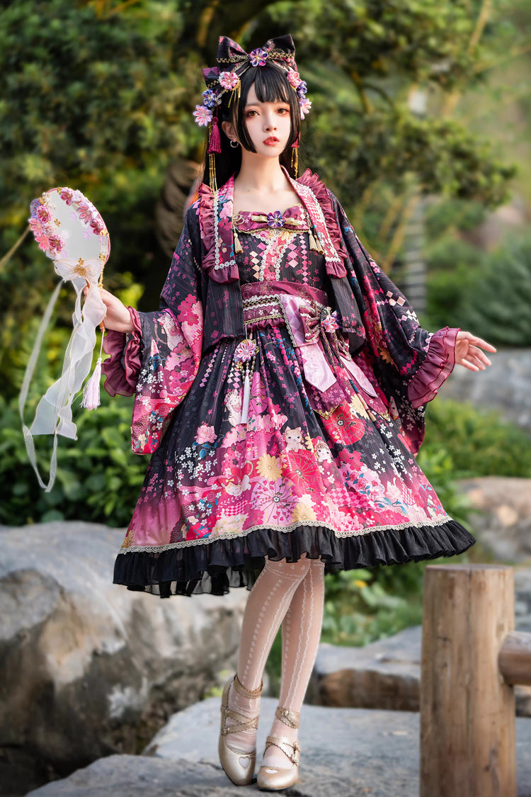 Black/Red Cherry Blossom Cat Islet Sleeveless Printed Ruffled Bow Sweet Lolita Jsk Dress Set