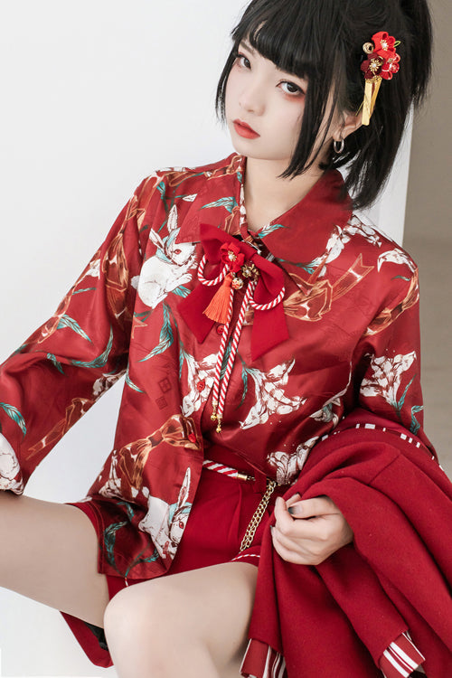 Red Original Lily Rabbit Print Lapel Collar Long Sleeves Ouji Lolita Blouse