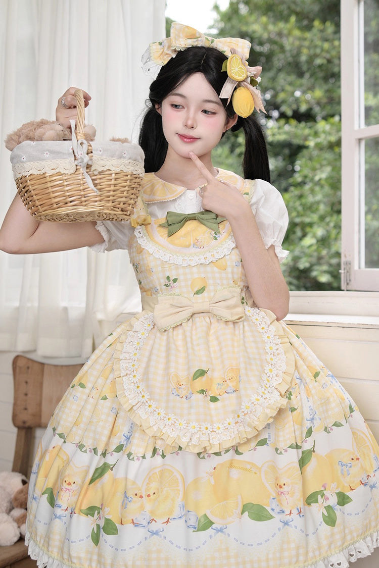Yellow Lemon Chicken Print Ruffle Bowknot Lace Sweet Lolita Jsk Dress