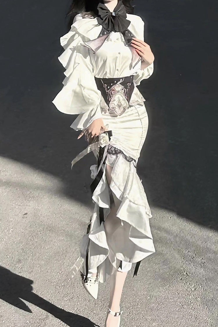 White Star Gate Jacquard Embroidery Bowknot Irregular Sweet Elegant Princess Lolita Skirt