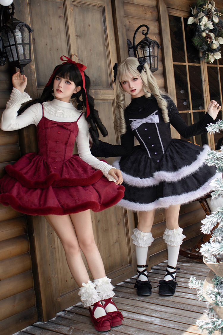 Winter's Wish Double-Layered Jacquard Bowknot Furry Sweet Lolita Jsk Dress 2 Colors