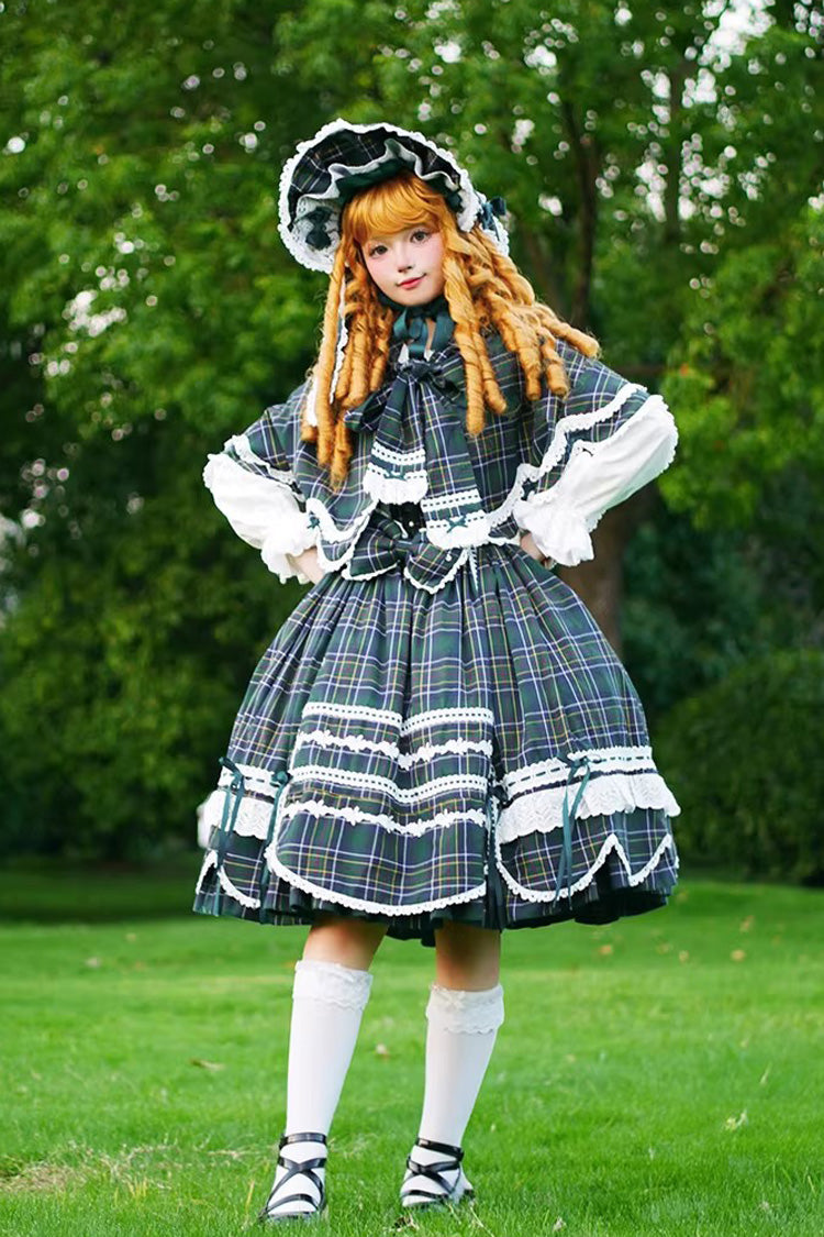 Green Gingham Petal Bunny Printed Ruffled Bow Sweet Lolita Jsk Dress