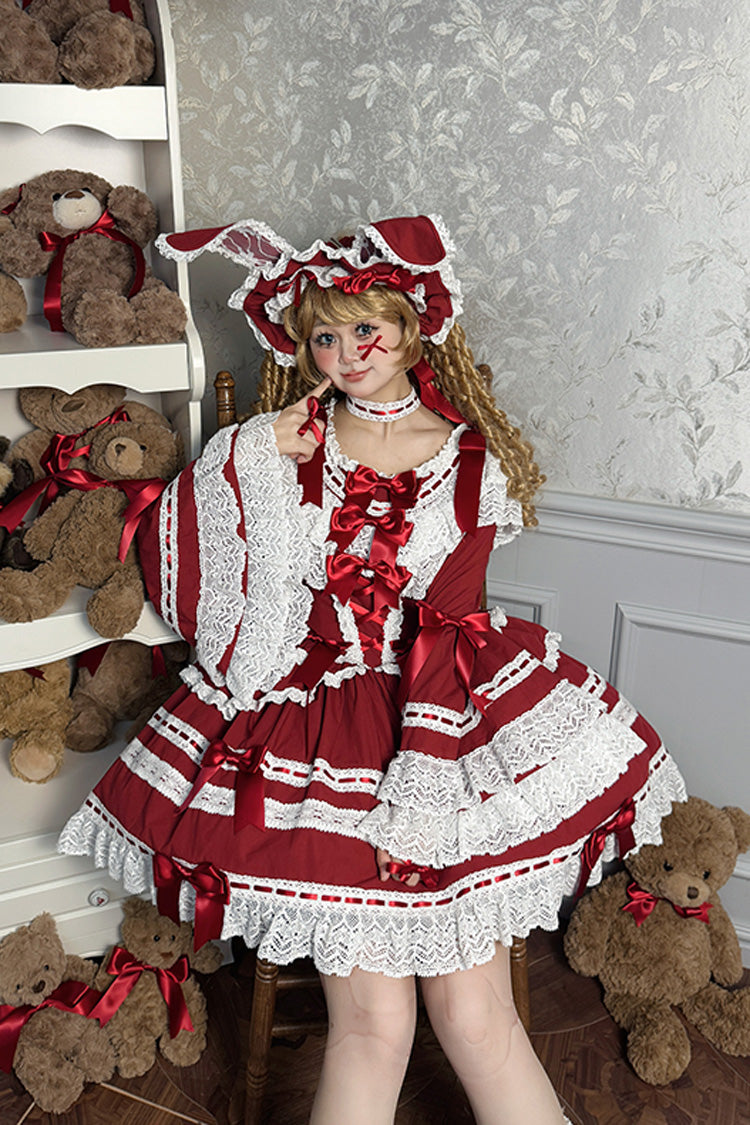 Wine Red Rabbit Sleeping Doll Long Trumpet Sleeves Ruffle Bowknot Lace Sweet Lolita Dress