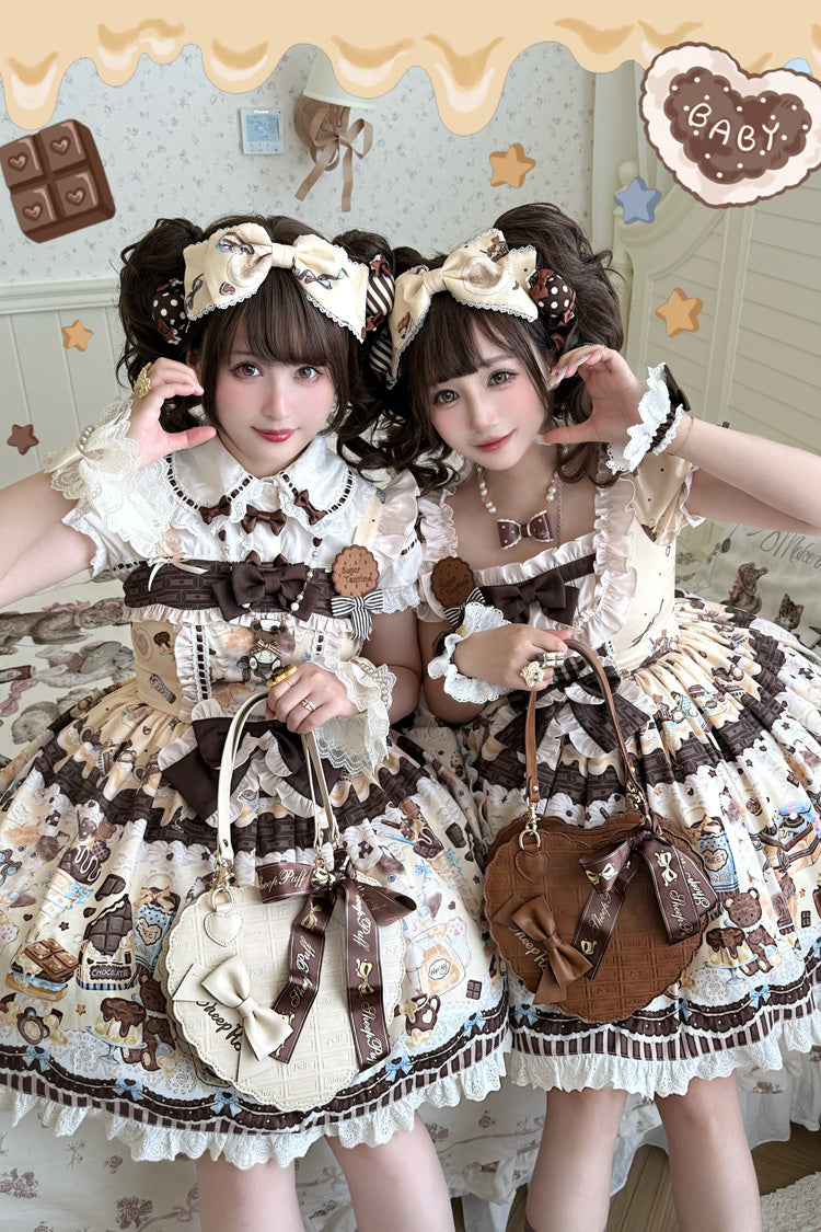 Chocolate Cake Party Square Collar Sleeveless Printed Ruffled Bow Daily Sweet Lolita Jsk Dress 2 Colors