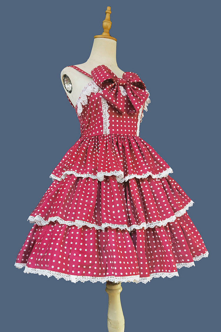 Red Cloth Cat Triple-Layered Polka Dots Print Ruffle Bowknot Sweet Lolita Dress
