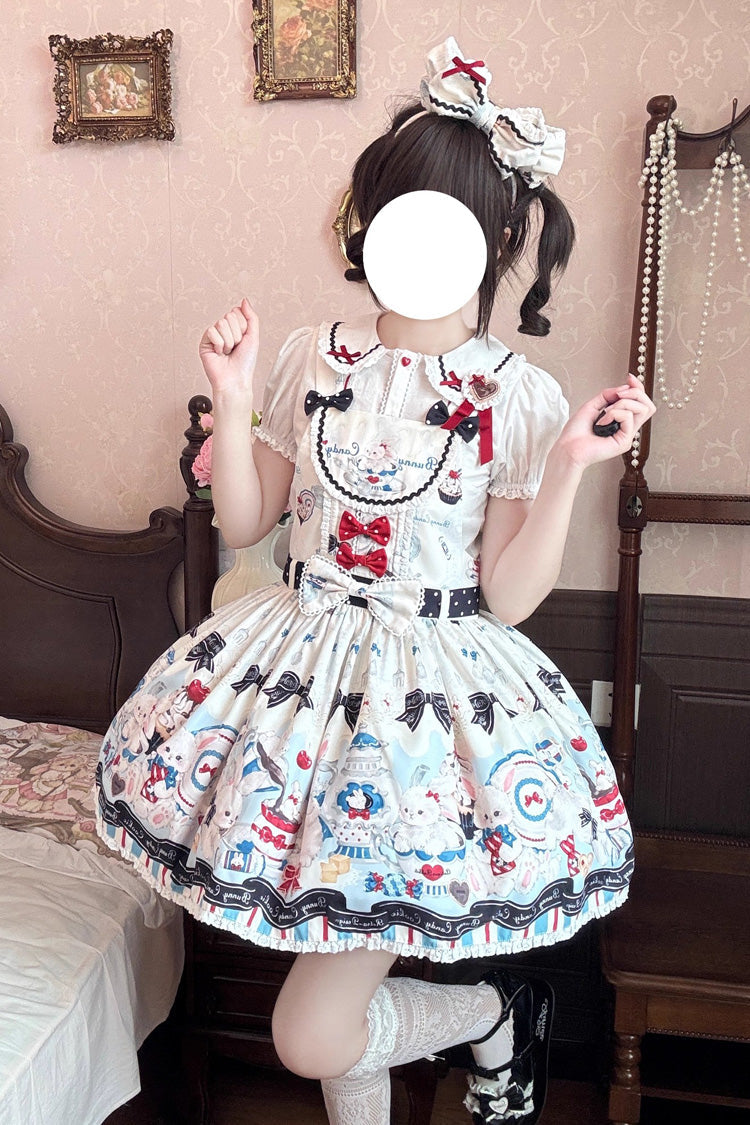 Beige Mystery Rabbit Tea Party Sleeveless Print Bowknot Lace Sweet Lolita Strap Dress