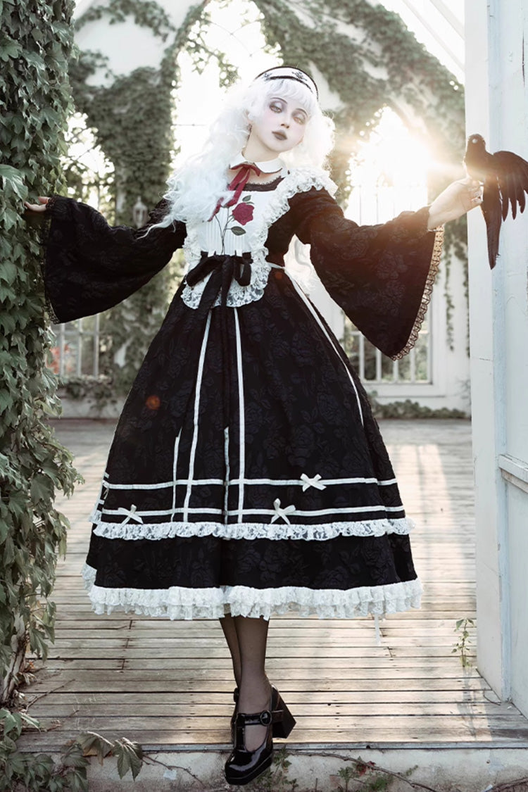 Black Rose Choir Double-Layered Ruffle Embroidery Bowknot Lace Gothic Elegant Nun Lolita Dress