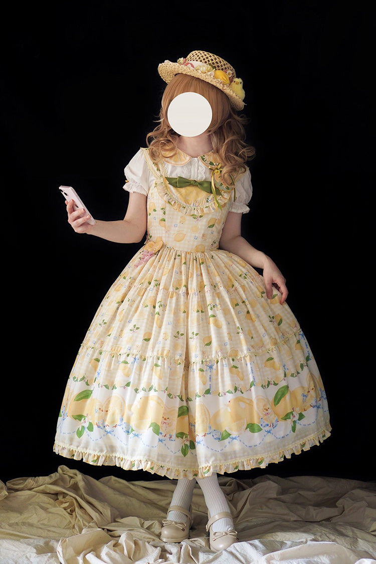 Yellow Lemon Chicken Print Ruffle Bowknot Lace Sweet Lolita Jsk Long Dress