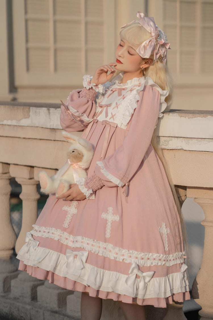 Pink Cross Wish Dream Long Sleeves Bowknot Lace-Up Sweet Lolita Tiered Dress