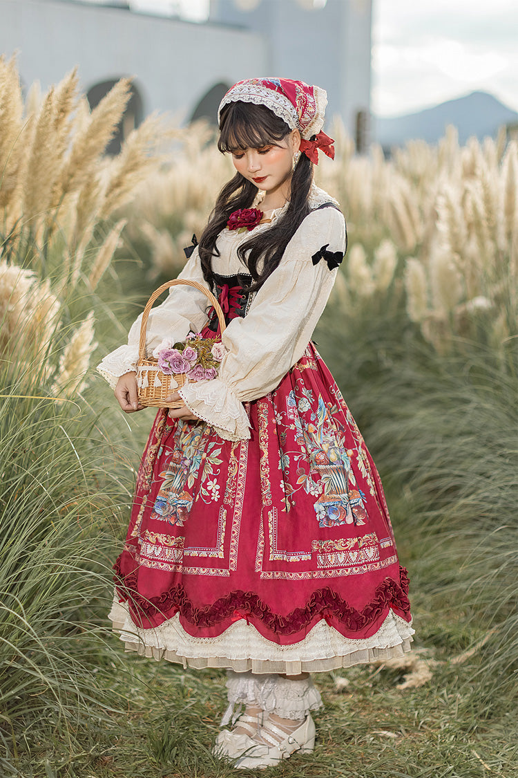 Wine Red Ode to Plenty Berries and Birds Print Ruffle Bowknot Velvet Classic Lolita Breast Support Jsk Dress