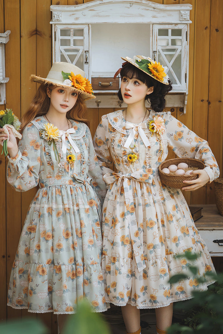 Green Gardening Sunflower Long Sleeves Print Ruffle Bowknot Sweet Elegant Lolita Dress