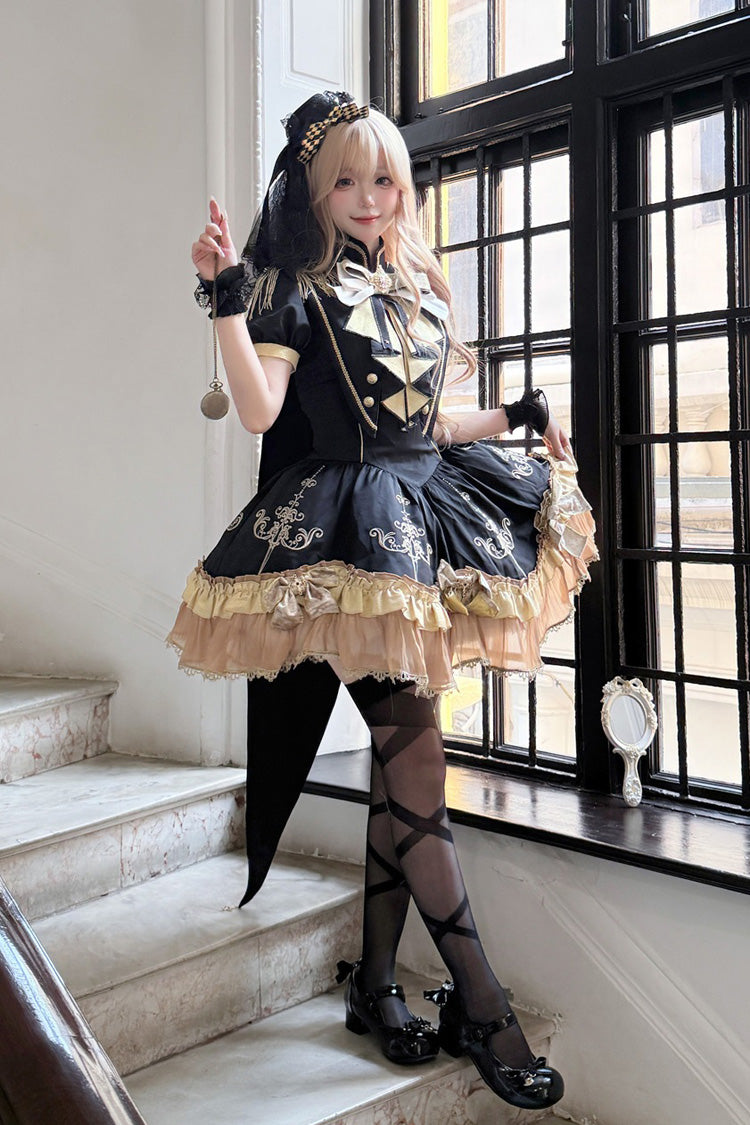 Black Gilded Oath Short Sleeves Double-Layered Ruffle Embroidery Bowknot Gothic Lolita Dress