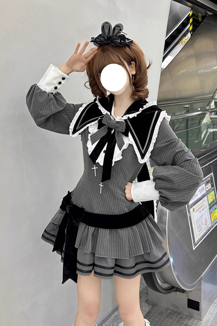 Black Bizarre Rabbit Opera Navy Collar Long Sleeves Print Ruffle Bowknot Gothic Lolita Dress