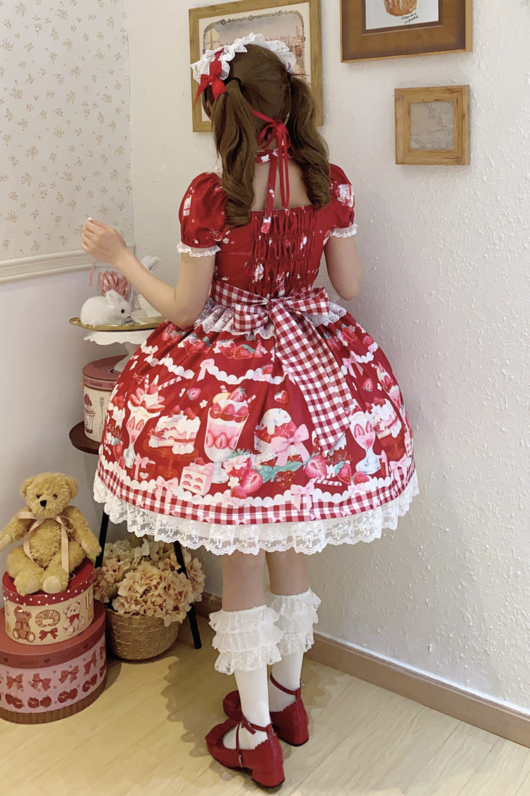 Red Strawberry Parfait Print Short Sleeves Ruffle Bowknot Lace Lace-Up Sweet Lolita Dress