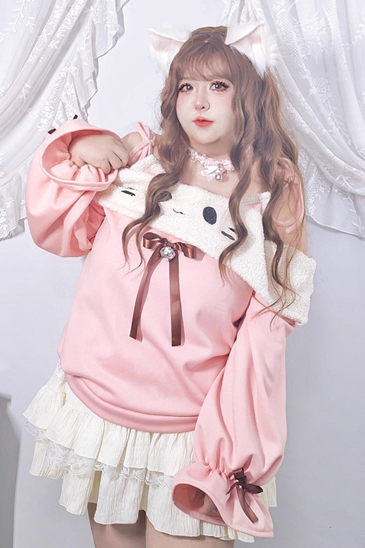 Pink/Beige Kitten Plus Size Boat Neck Long Lantern Sleeves Multi-Layered Ruffle Lace Sweet Lolita Skirt Set
