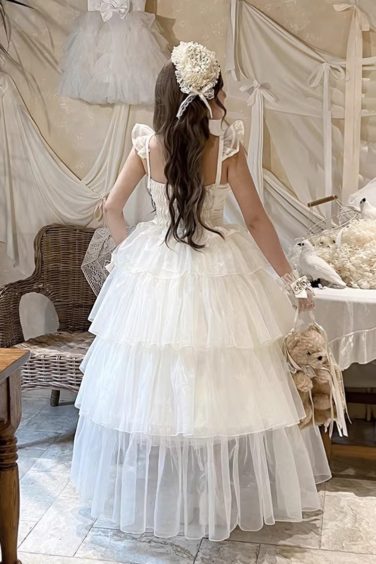 Beige Mousse Serenade Triple-Layered Ruffled Hanayome Bow Lace Sweet Princess Lolita Strapless Dress