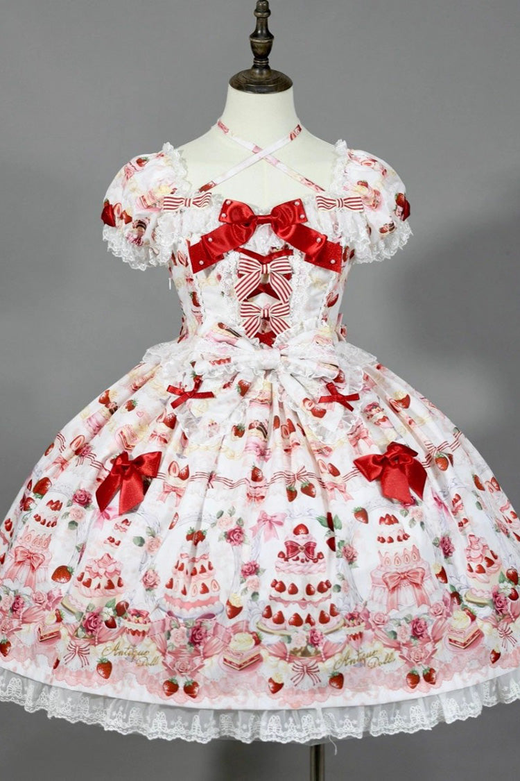Strawberry Cake Bouquet Print Square Collar Short Sleeves Bowknot Lace Sweet Lolita Dress 3 Colors