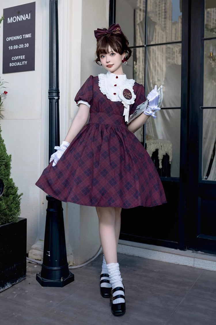 Showa Girls Summer Plaid Print Daily Short Sleeves Classic Princess Lolita Dress 2 Colors