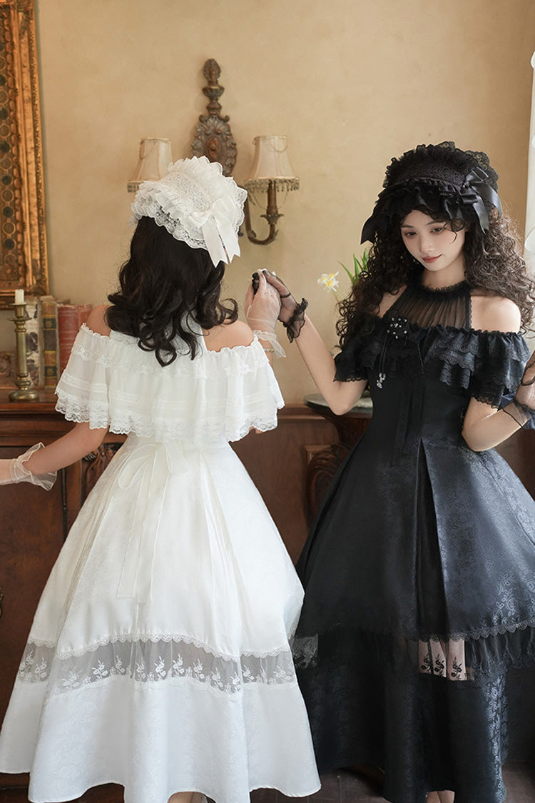 Black Flowers in the Mist Off Shoulder Halterneck Print Ruffle Gothic Elegant Lolita Dress