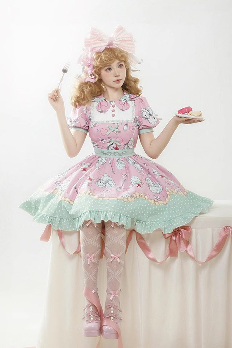Pink/Green Tea Time Donut, Cake and Bear Print Ruffle Sweet Elegant Lolita Dress