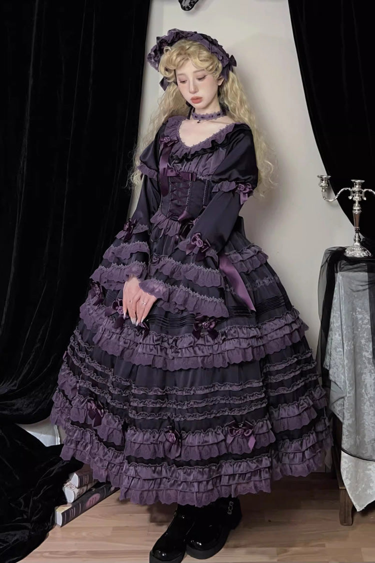 Purple Layered Blackcurrant Short Sleeves Ruffle Bowknot Lace Sweet Lolita Dress