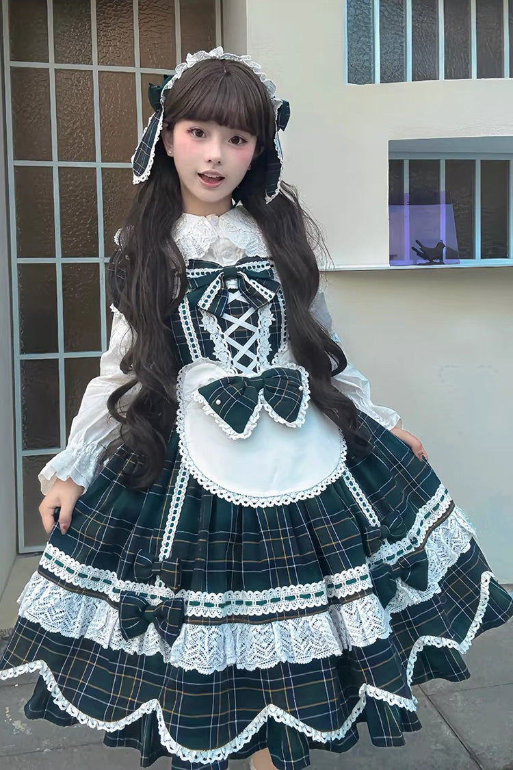 Green Gingham Petal Bunny Short Sleeves Printed Ruffled Bow Sweet Lolita OP Dress