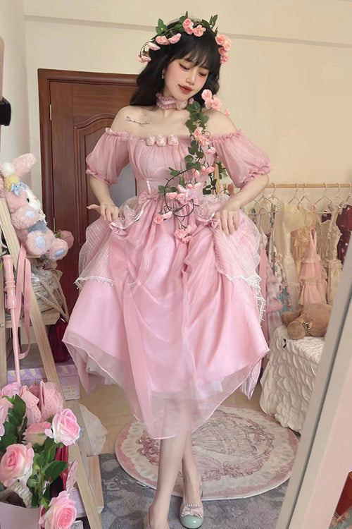 Boat Neck Bubble Short Sleeve Flower Embellished High Waisted Sweet Lolita Dress