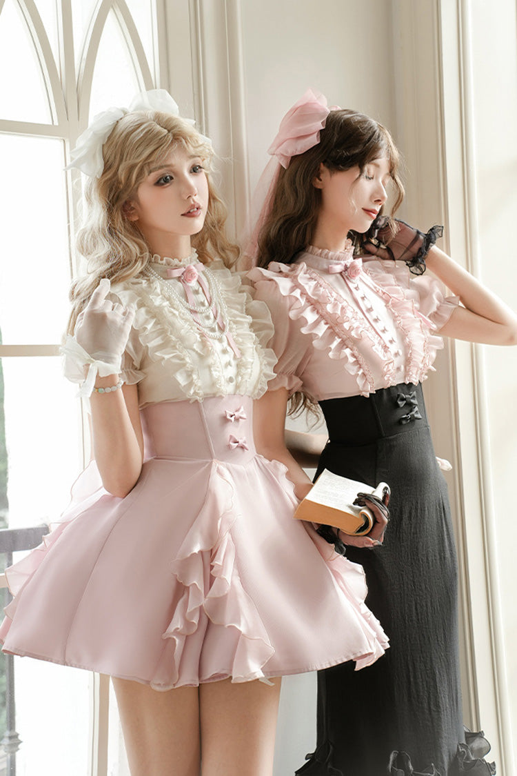 Pink/Black Miss Lola Stand Collar Short Sleeves Multi-Layered Ruffle Bowknot Sweet Lolita Mermaid Dress