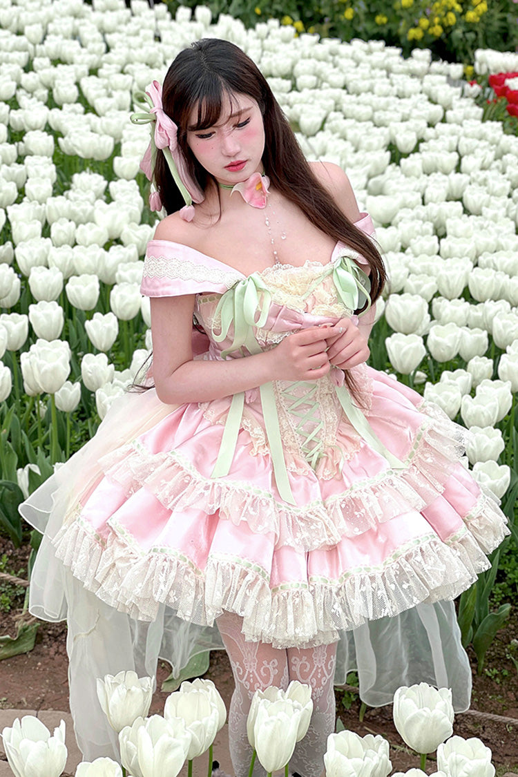 Pink Tulip Love Song Boat Neck Double-Layered Ruffle Bowknot Lace Lace-Up Romantic Sweet Princess Lolita Dress
