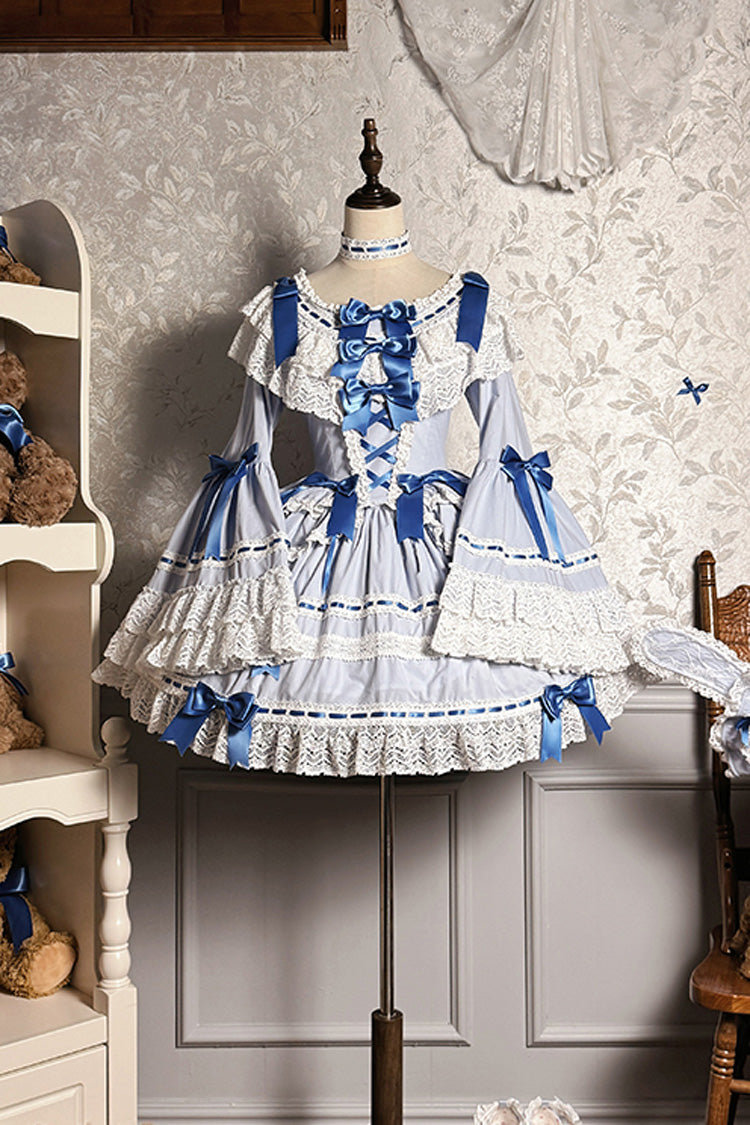 Blue/White Rabbit Sleeping Doll Long Trumpet Sleeves Ruffle Bowknot Lace Sweet Lolita Dress