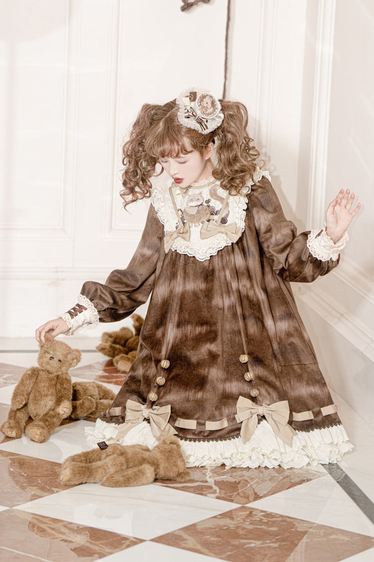 Brown Chocolate Cat Print Long Sleeves Ruffle Bowknot Sweet Lolita Dress