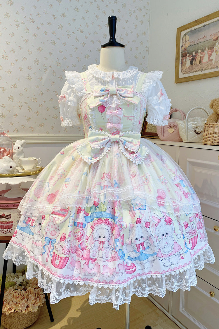 Yellow Cute Rabbit Sweet Cake Print Ruffle Bowknot Lace Sweet Lolita Jsk Dress