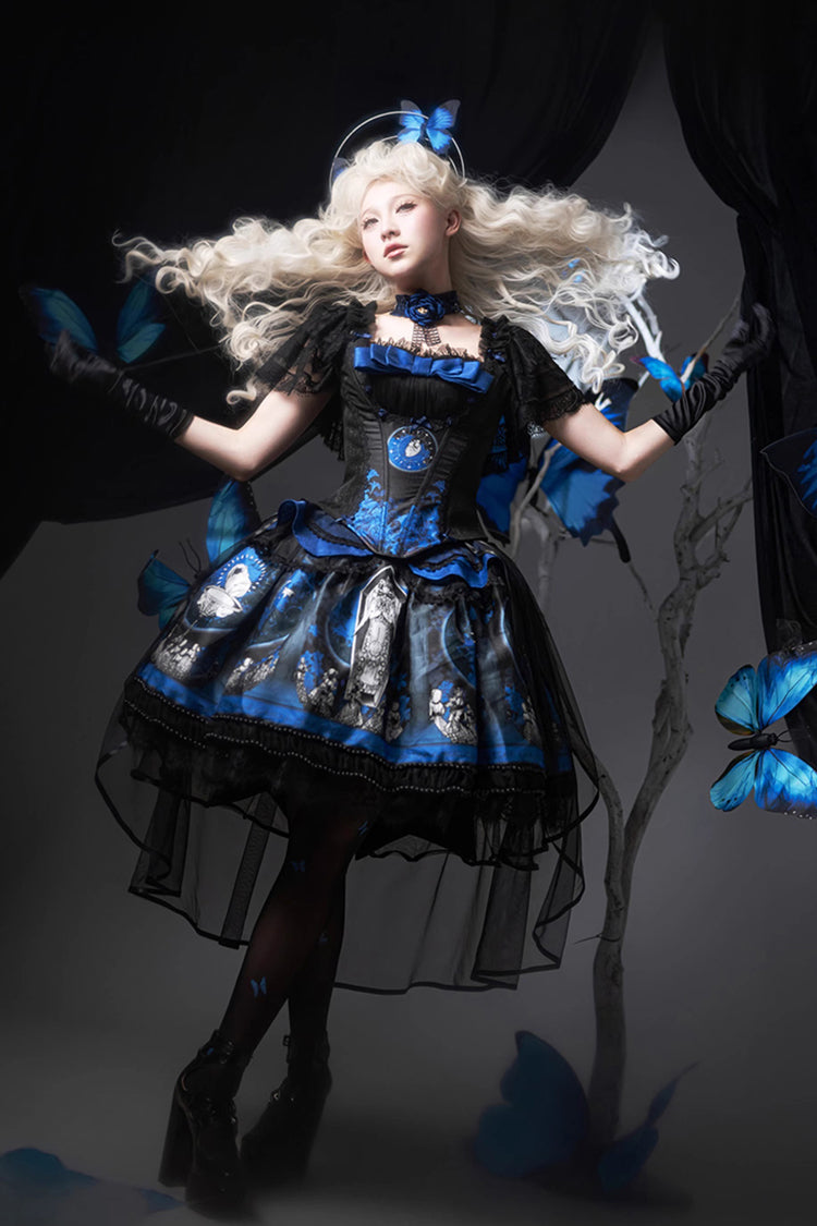 Blue Dark Moon Corridor Print Embroidery Gothic Lolita Dress Skirt